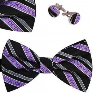 Set papion barbati, batista, butoni, negru, dungi mov